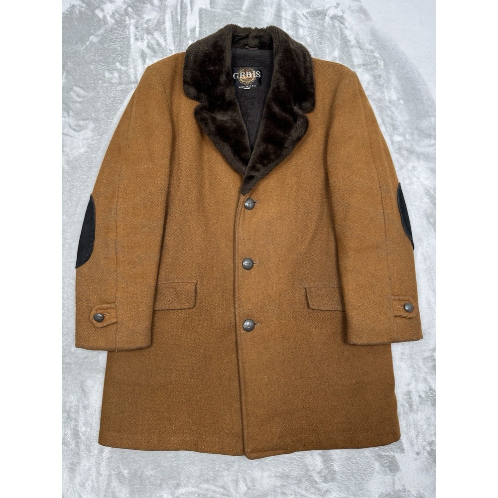 Vintage 70s Grais Wool Overcoat Mens 38 Faux Fur Packer Chore Western Rancher